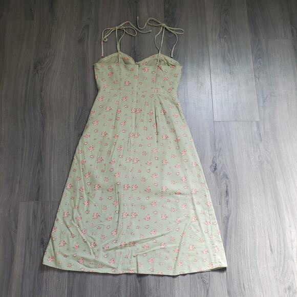 Romantic Garden Party Dress Midi Linen Green Pink Feminine Whimsi Cottagecore - Picture 2 of 10